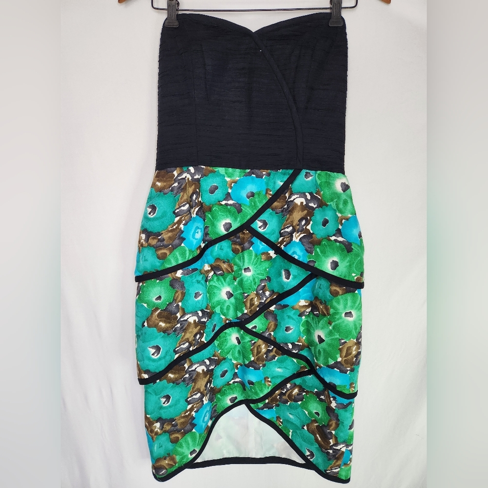 Vintage Blue And Green Floral Strapless Dress With Layered Skirt Size 12